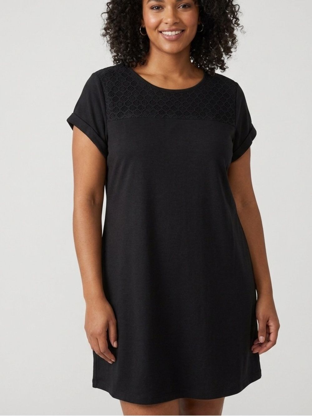 SHEIN Black Lace Mesh Yoke Dress Large L T-Shirt Shift Short Sleeve Crochet Top⁠